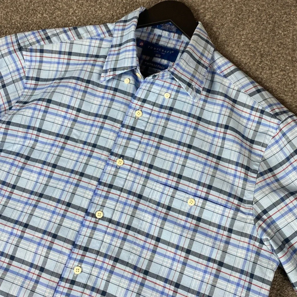 Towncraft‎ Mens Shirt Size M Blue Plaid Wrinkle Free Short Sleeve Button Up